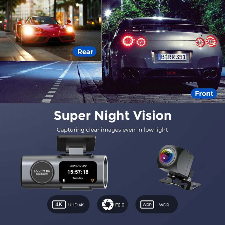 دوربین ثبت وقایع خودرو 4K دو لنزه مجهز به Wi-Fi و GPS