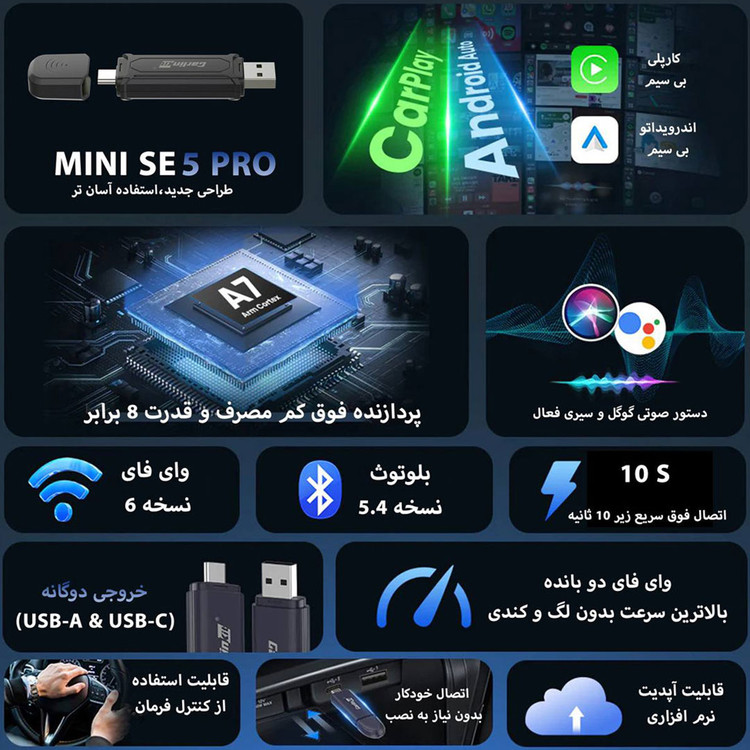 دانگل تبدیل بیسیم کارپلی و اندروید اتو Carlinkit Mini SE Pro